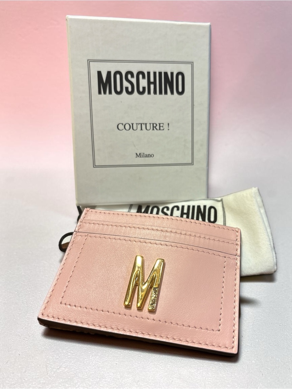 Moschino Pink Leather Card Holder with Gold M Logo nwt